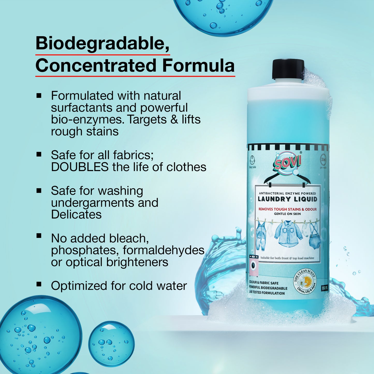 SOVI® Liquid Laundry Detergent, Citrus, Lily & Aqua, 950 ml